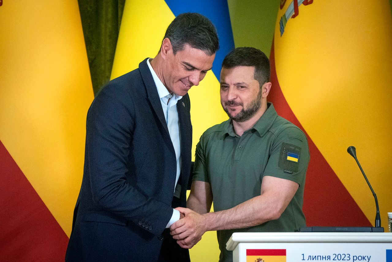 Spanish Prime Minister Pedro Sanchez and Ukrainian President Volodymyr Zelensky shake hands at a news conference in Kyiv, Ukraine, on Saturday, July 1. 