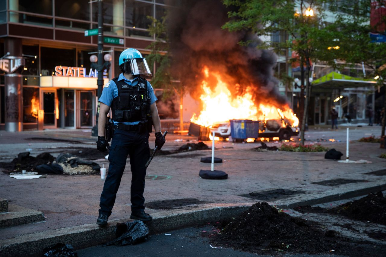 A Chicago Police Department SUV burns near State and Lake in the Loop in Chicago on May 30.