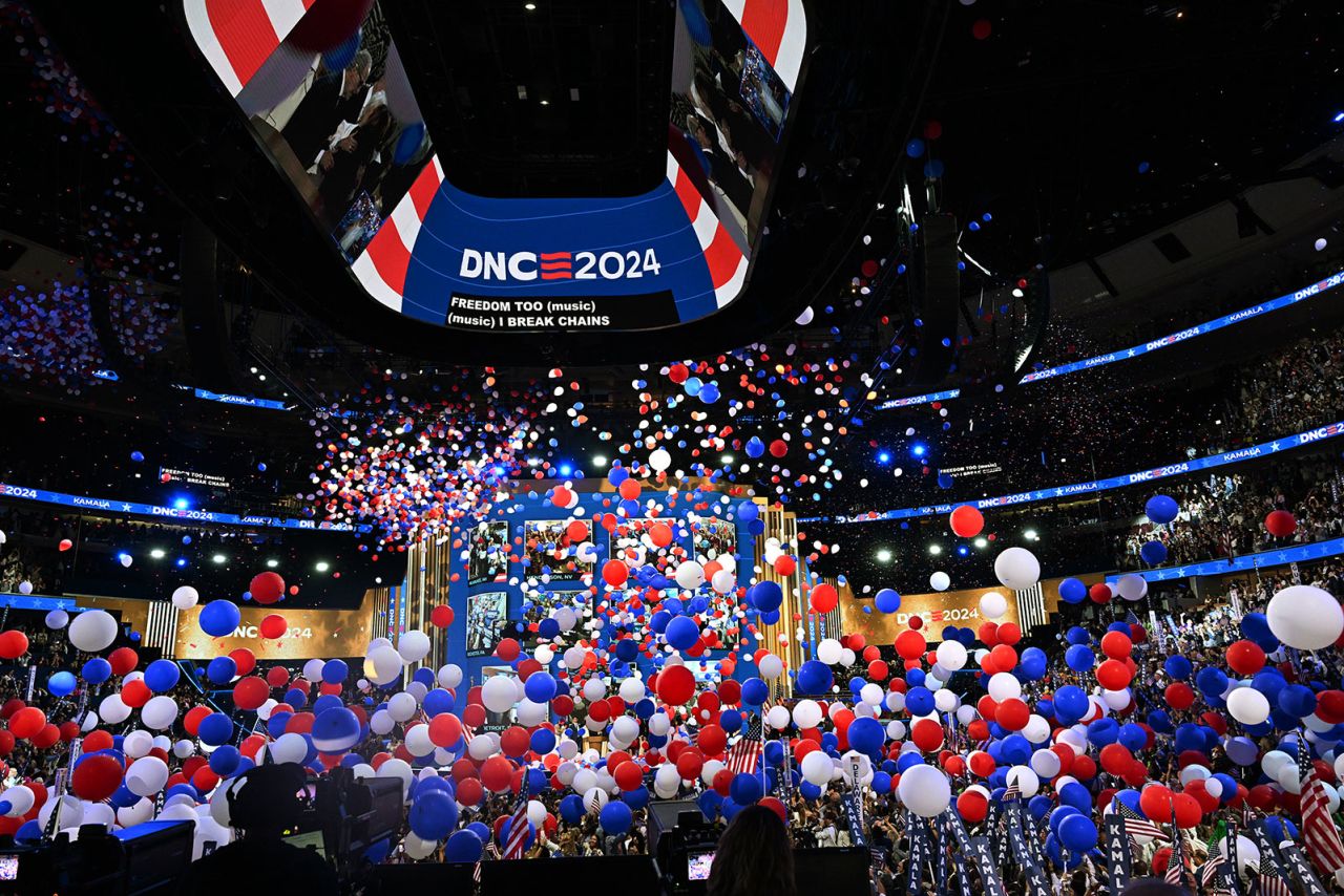 Balloons fall at the end of the final night of the DNC on Thursday, August 22, in Chicago.