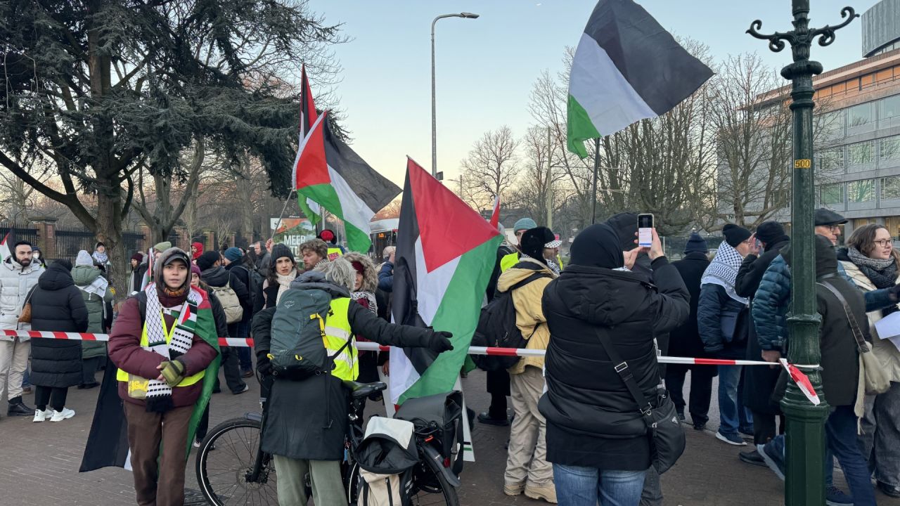 Pro-Palestine demonstrators call for a ceasefire in a protest outside Peace Palace in The Hague, Netherlands, on January 11, where the International Court of Justice is set to open hearings in a genocide case against Israel.