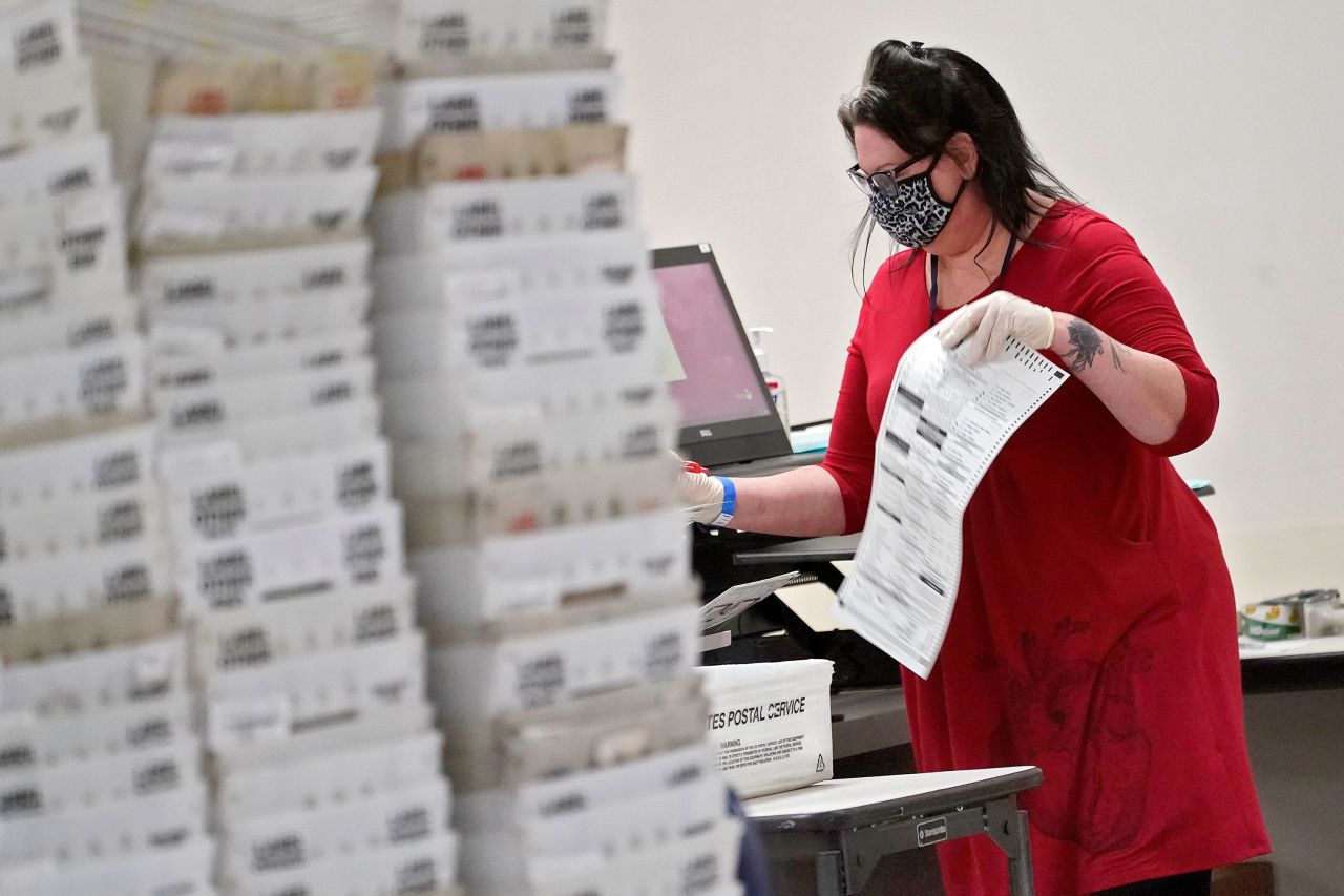 An election official counts ballots inside the Maricopa County Recorder's Office on Friday, November 6 in Phoenix, Arizona. 