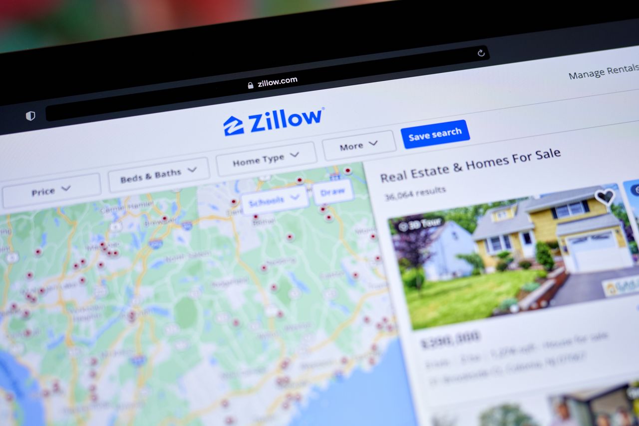 Zillow's website is seen on on a laptop in 2023. 