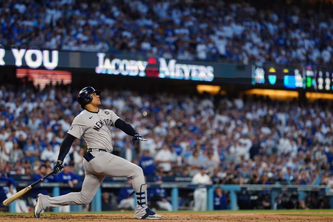 Yankees outfielder Juan Soto hits a solo home run in the third inning, putting the first points on the board for New York.