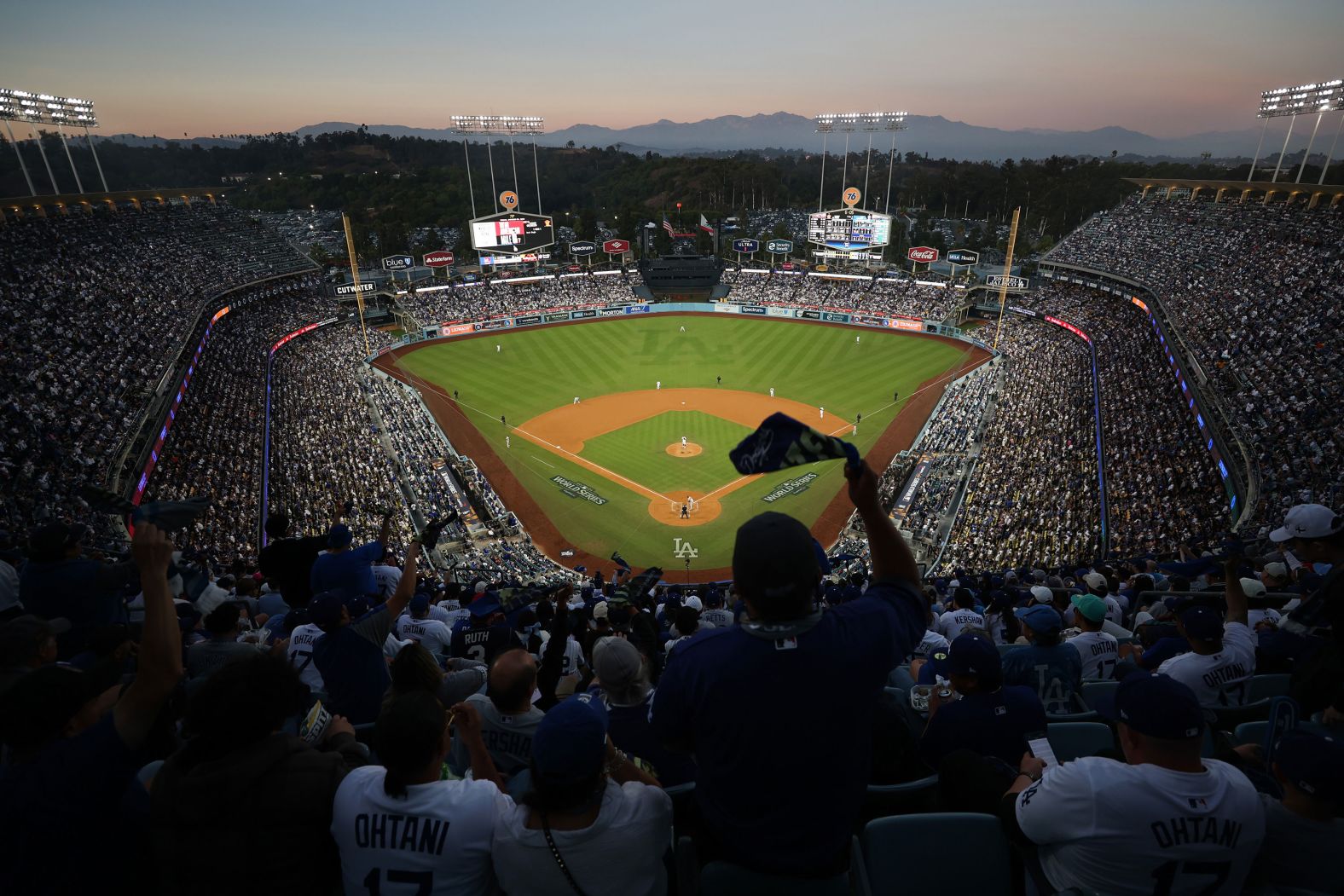 Fans cheer at Dodger Stadium. These two teams last met in the World Series in 1981, which was won by the Dodgers.