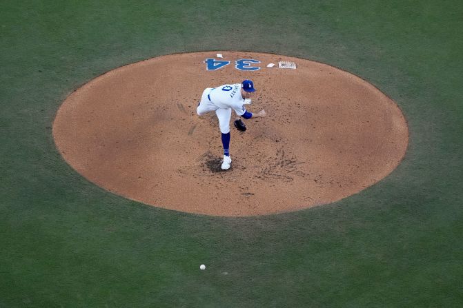 Dodgers pitcher Jack Flaherty throws to a New York Yankees batter in the second inning of Game 1.