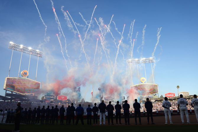 Fireworks are set off during the national anthem.