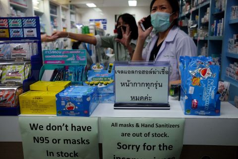 A sign at a pharmacy in Bangkok, Thailand, notifies customers that face masks are out of stock, on January 31.