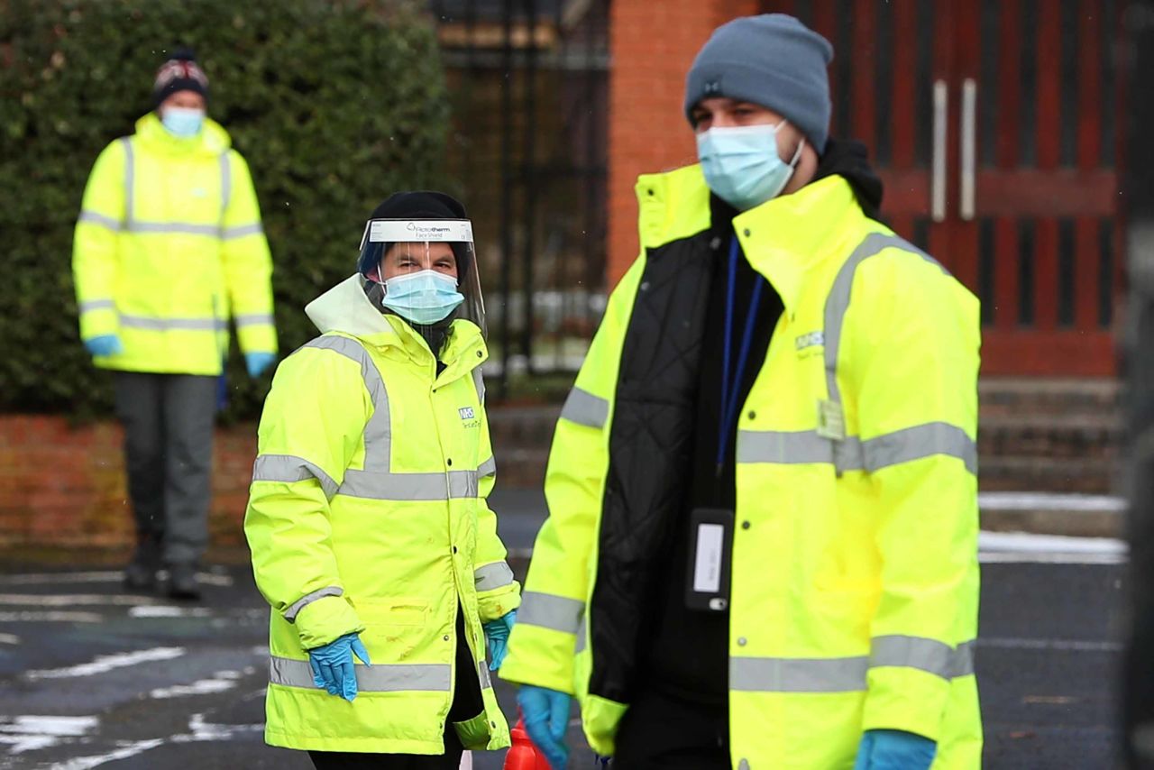 The UK's National Heath Service track and trace staff carry out coronavirus testing at a church in Manchester, England, on February 9, after a mutation of the Kent variant was detected there. 