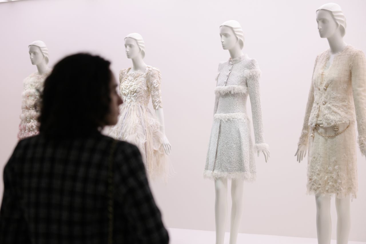 Looks designed by Karl Lagerfeld on display during the press preview of the Costume Institute's exhibition, "Karl Lagerfeld: A Line of Beauty," on May 1, 2023.