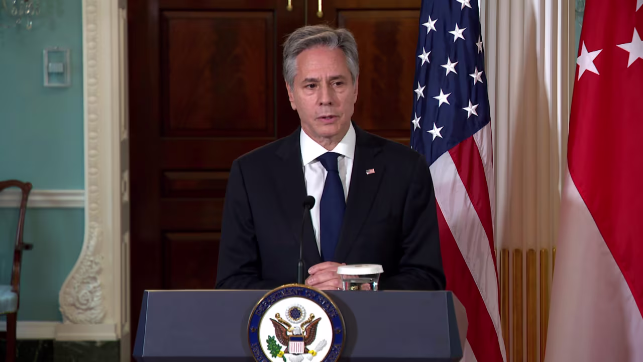 US Sec. of State Antony Blinken speaks during a press availability on June 16. 