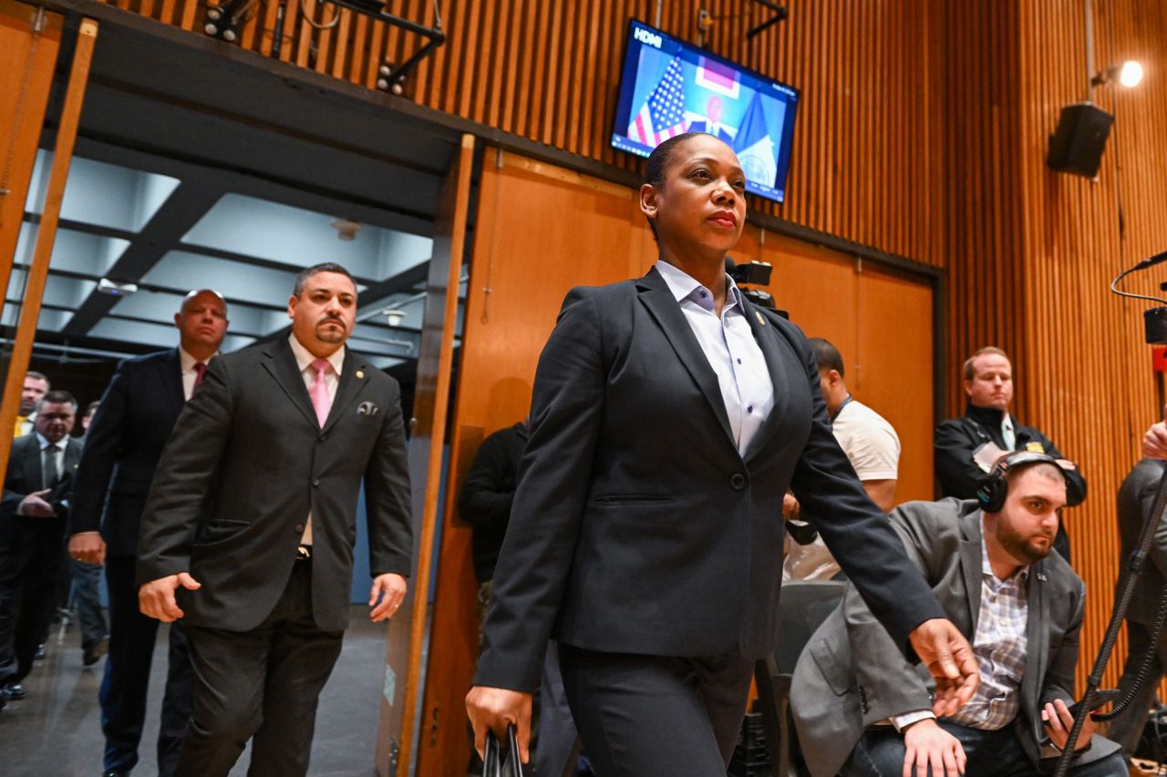 New York City Police Commissioner Keechant Sewell arrives for a news briefing in New York City on April 12.