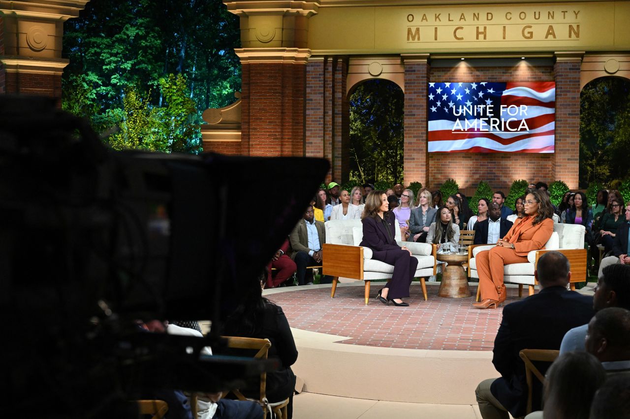 Democratic presidential candidate Vice President Kamala Harris joins television producer Oprah Winfrey at a 'Unite for America' live streaming rally in Farmington Hills, Michigan, on September 19. 