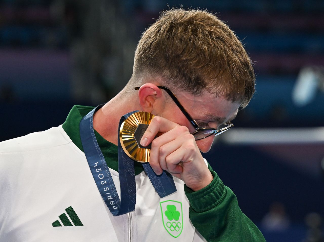 Daniel Wiffen of Ireland reacts during an award ceremony at the Paris La Défense Arena in Paris, on July 30.