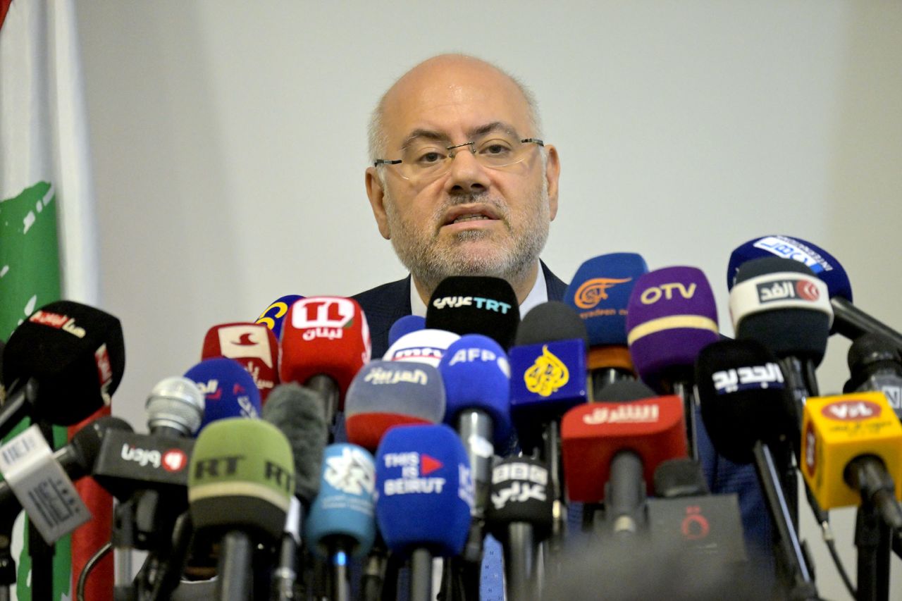 Firas Abiad speaks during a news conference about the pager explosions in Beirut, Lebanon on September 18.