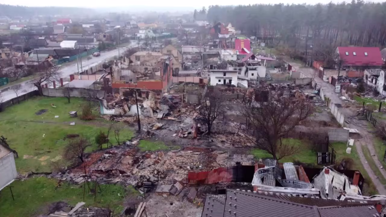 This drone footage shows the devastation in Moschun.