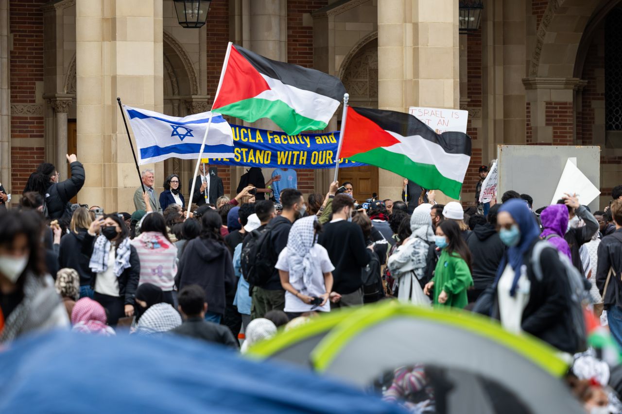 Pro-Palestinian and pro-Israel demonstrators clash with each other on the University of California Los Angeles campus on April 25. 