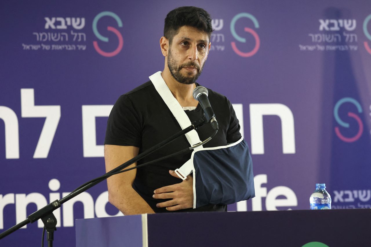 Israeli singer and Netflix hit series Fauda actor Idan Amedi -- who was wounded in the Gaza Strip where he was serving as a reservist earlier this month -- addresses a press conference at Hashomer hospital in Ramat Gan, near Tel Aviv, Israel, on January 25.