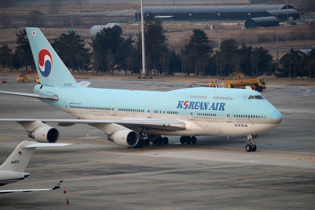 An airplane carrying South Korean citizens repatriated from Wuhan amid the coronavirus outbreak lands at Gimpo airport.