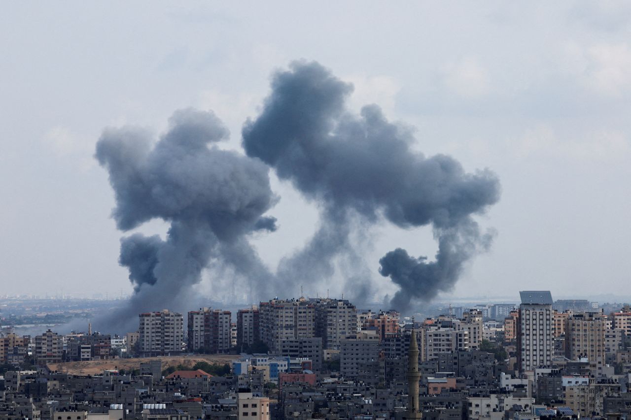 Smoke rises following?Israeli strikes in Gaza on Tuesday.