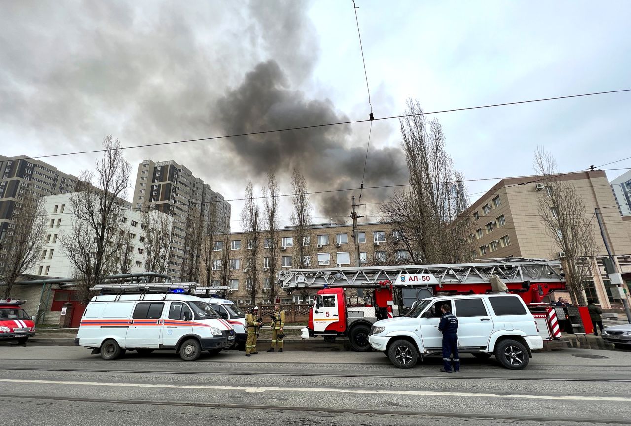Smoke rises near a building belonging to the border patrol section of Russia's FSB federal security service in the southern city of?Rostov-on-Don, Russia, on March 16.