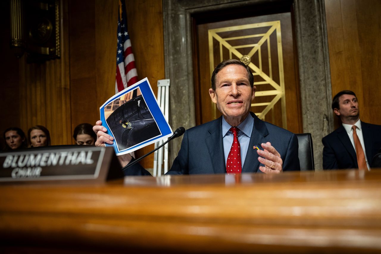 Senator Richard Blumenthal, a Democrat from Connecticut and chair of the Homeland Security and Governmental Affairs Permanent Subcommittee on Investigations, during a hearing in Washington, DC,  April 17. US lawmakers challenged Boeing Co. to expend the necessary time and effort to reset its safety culture and criticized the planemaker's relationship with regulators as too cozy. 