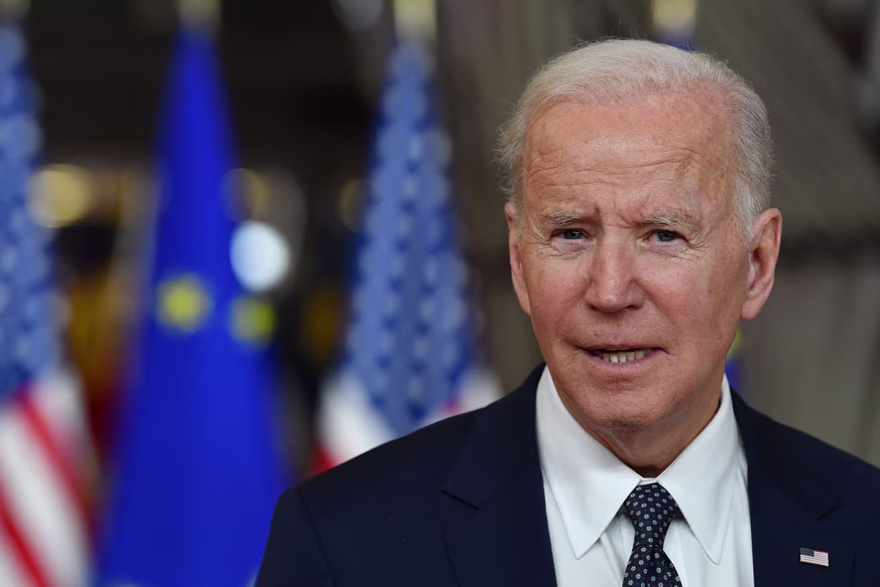 President Joe Biden addresses media representatives in Brussels on March 24.