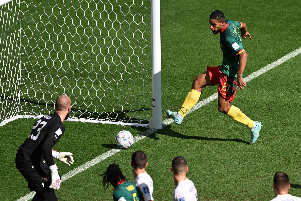 Jean-Charles Castelletto scores during FIFA World Cup Qatar 2022 Group G match between Cameroon and Serbia at Al Janoub Stadium in Al Wakrah, Qatar on November 28.