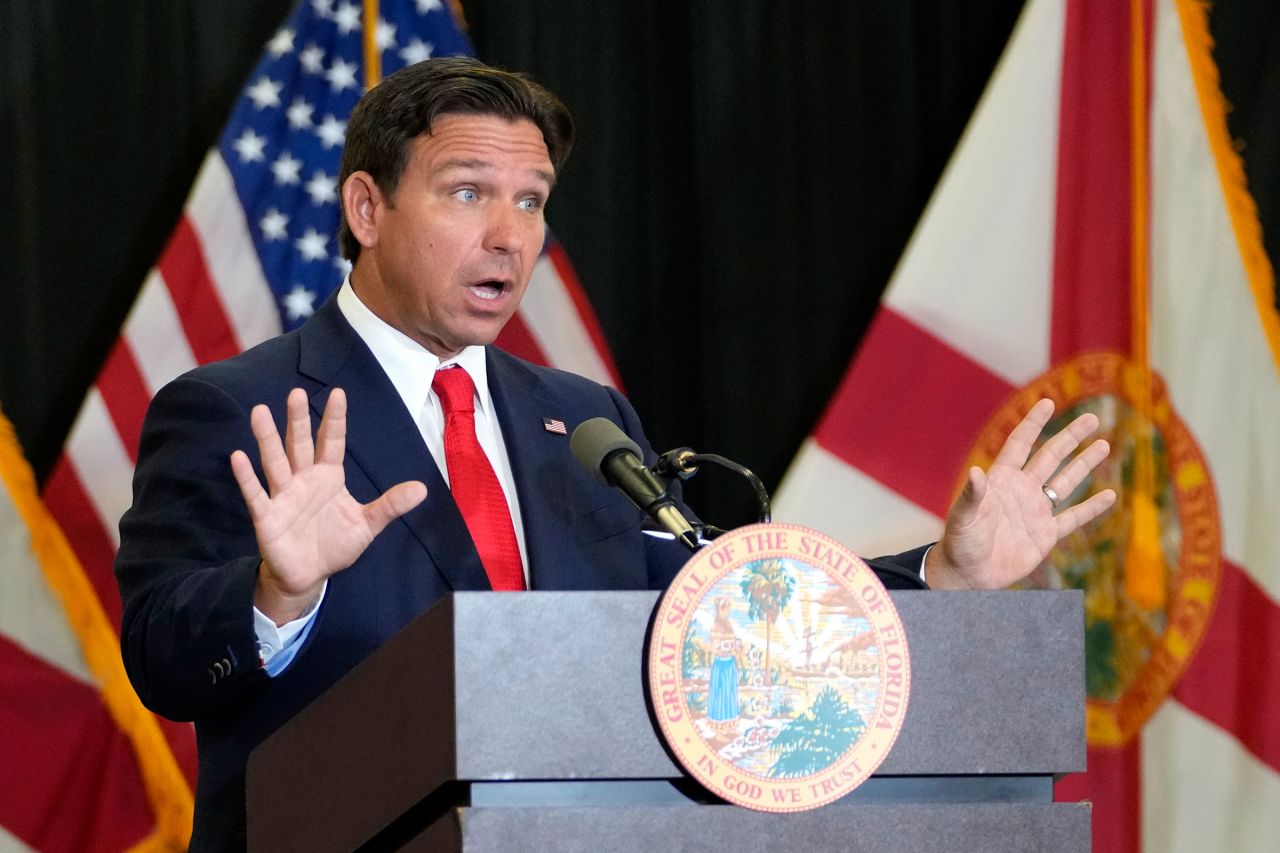 Florida Gov. Ron DeSantis speaks during a news conference in the aftermath of the apparent assassination attempt of Republican presidential nominee and former President Donald Trump on Tuesday, September 17, in West Palm Beach, Florida. 