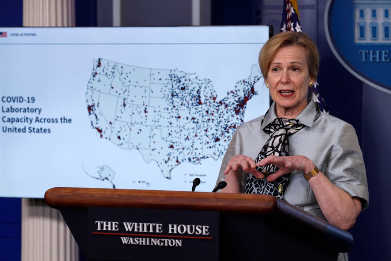 Dr. Deborah Birx, White House coronavirus response coordinator, speaks about the coronavirus at the White House, Friday, April 17, in Washington.