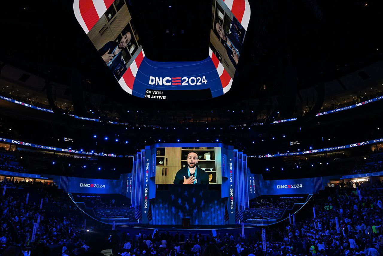 Golden State Warriors and US men's basketball star Stephen Curry endorses Harris via video on Thursday, August 22, during the DNC in Chicago.