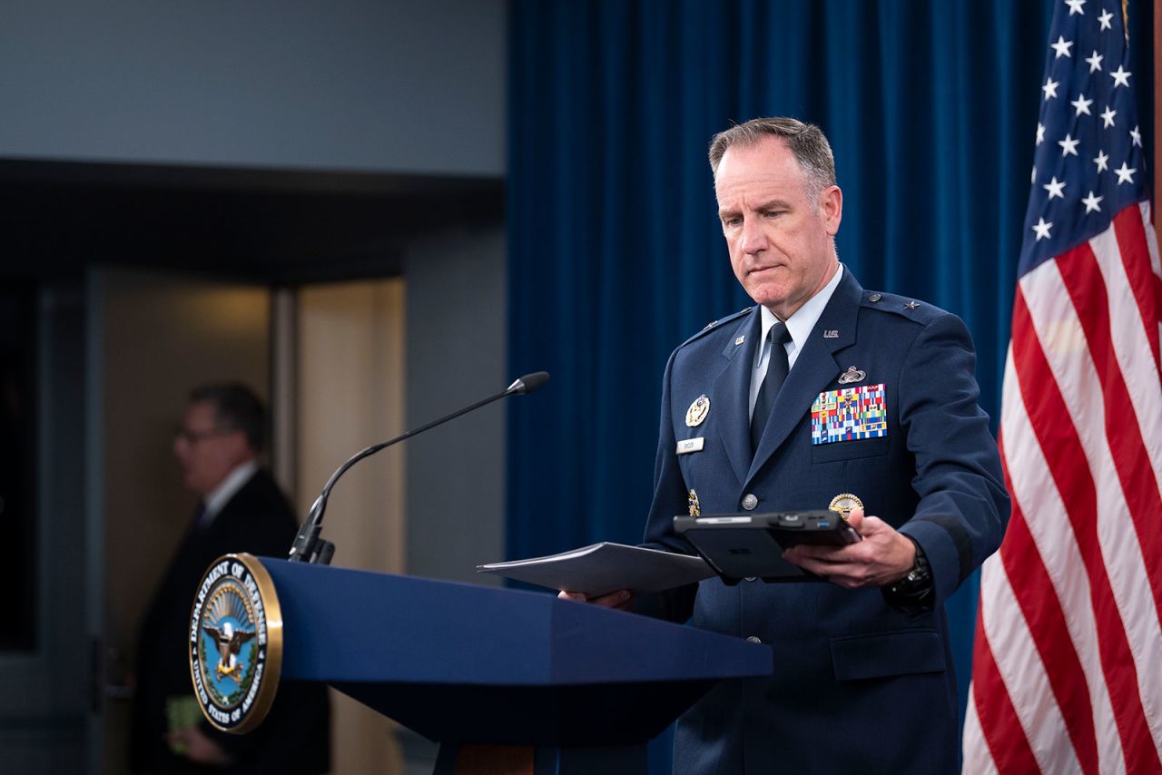 Pentagon Press Secretary Brig. Gen. Pat Ryder walks up to the podium at the start of a press briefing in the Pentagon Briefing Room on Thursday in Washington. 