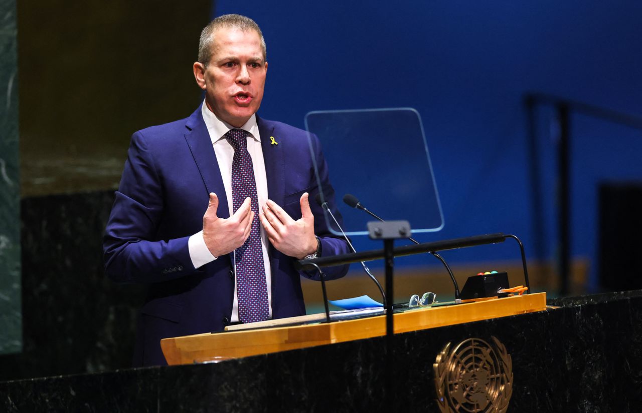 Israeli Ambassador to the United Nations Gilad Erdan speaks during a special session of the UN General Assembly at UN headquarters in New York City on May 10.