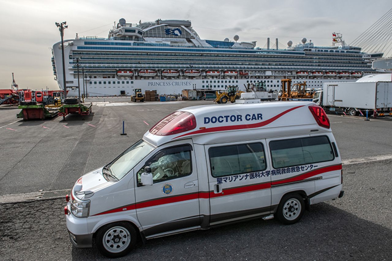 Medical staff wait outside of the Diamond Princess cruise ship at Daikoku Pier in Yokohama, Japan, on February 7. 