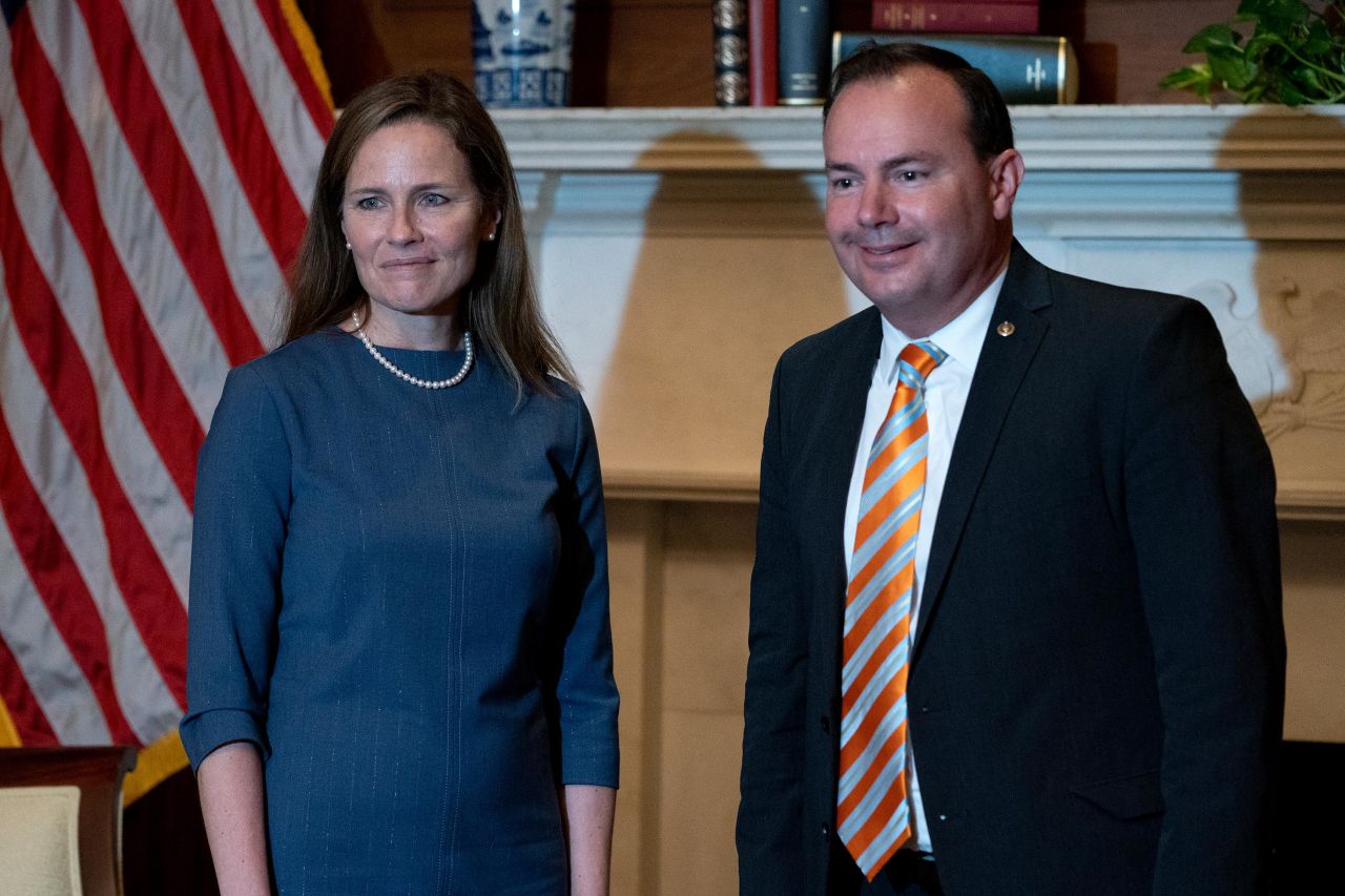 US Supreme Court nominee Amy Coney Barrett meets with Sen. Mike Lee (R-UT) as she begins a series of meetings to prepare for her confirmation hearing at the US Capitol on September 29.