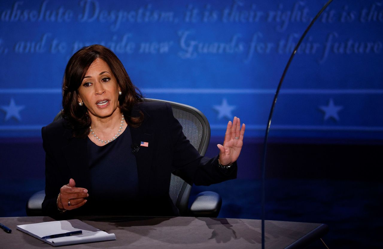 Democratic vice presidential nominee Senator Kamala Harris speaks during the vice presidential campaign debate with U.S. Vice President Mike Pence in Salt Lake City on Wednesday. 