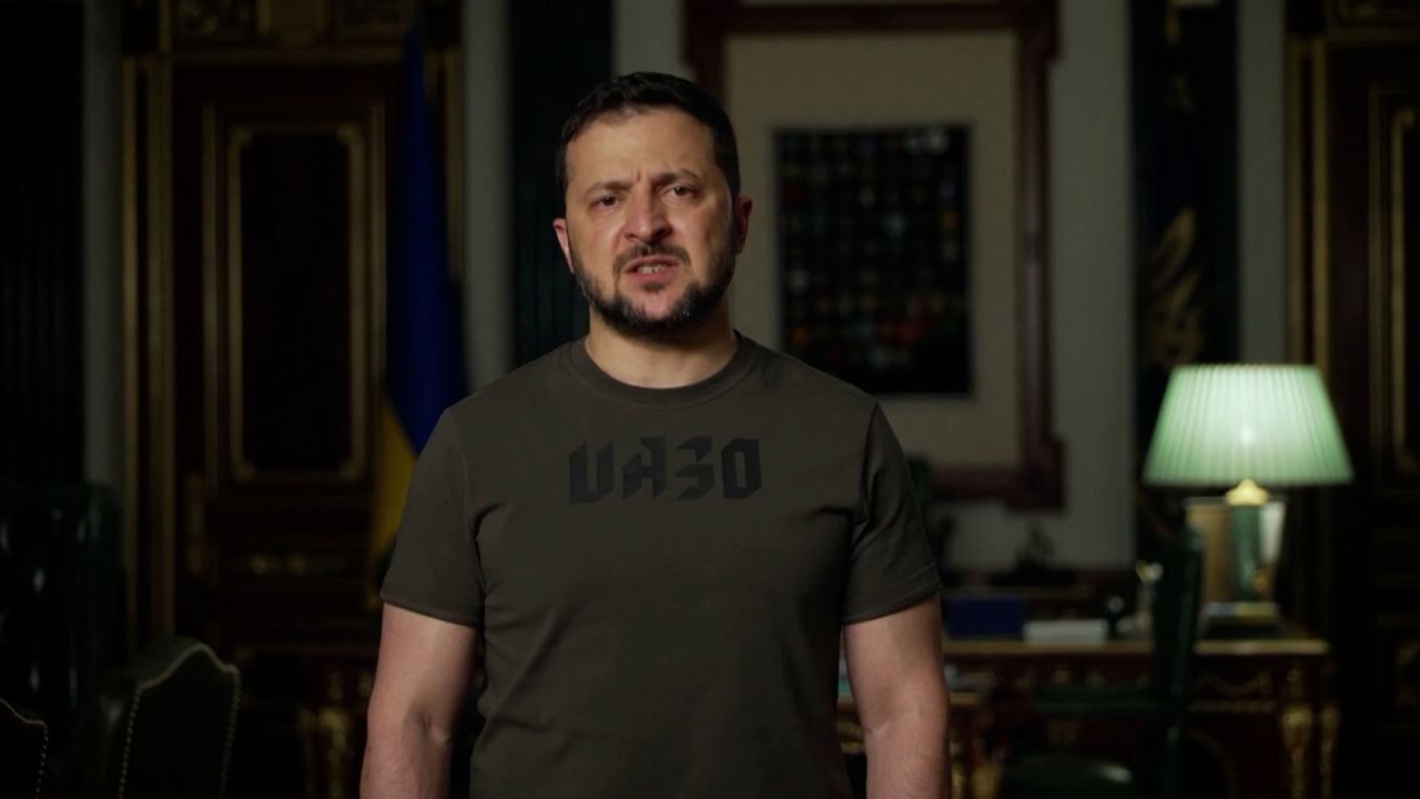 Ukrainian President Volodymyr Zelensky speaks during a video address on Tuesday.