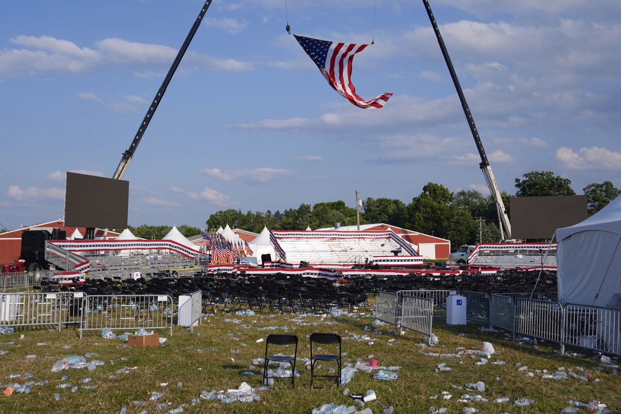 The campaign rally site for former President Donald Trump in Butler, Pennsylvania, is empty and littered with debris on July 13.