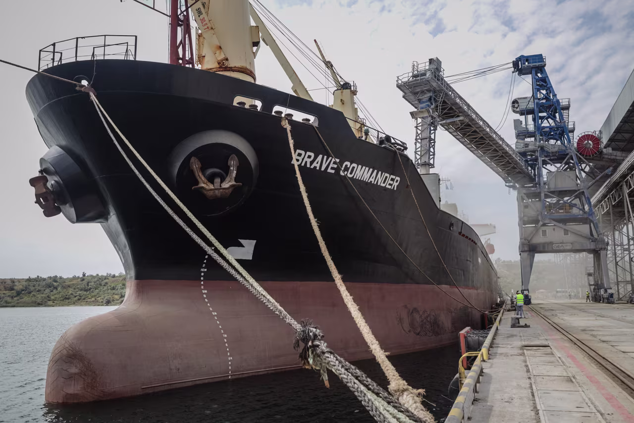 The first UN-chartered vessel MV Brave Commander loads more than 23,000 tonnes of grain to export to Ethiopia, in Yuzhne, Ukraine, on the Black Sea coast, on August 14.