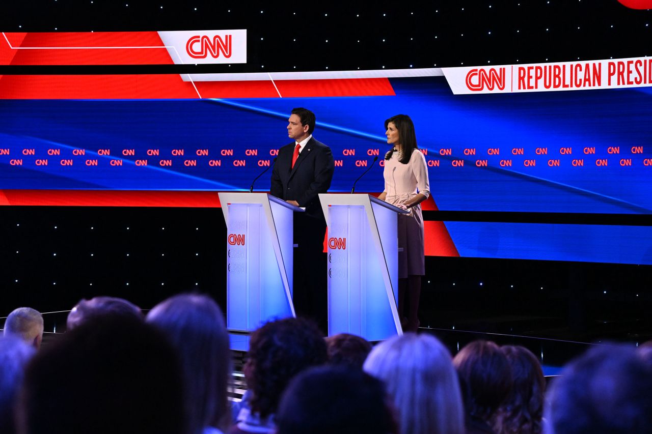 Florida Gov. Ron DeSantis and former South Carolina Gov. Nikki Haley participate in a CNN Republican Presidential Debate at Drake University in Des Moines, Iowa, on January 10.