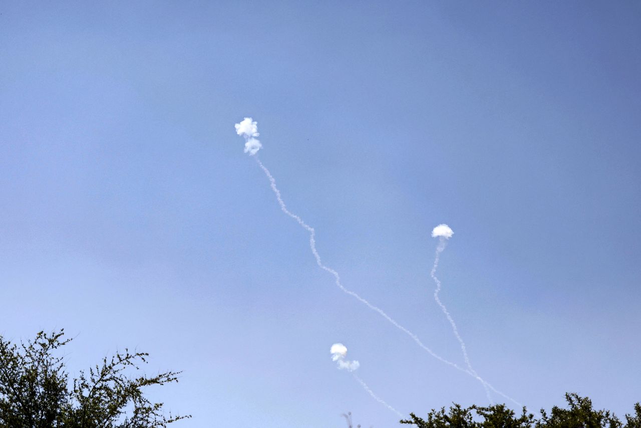 Rockets fired from southern Lebanon are intercepted by Israel's Iron Dome air defence system over the Israeli-annexed Golan Heights on May 16.