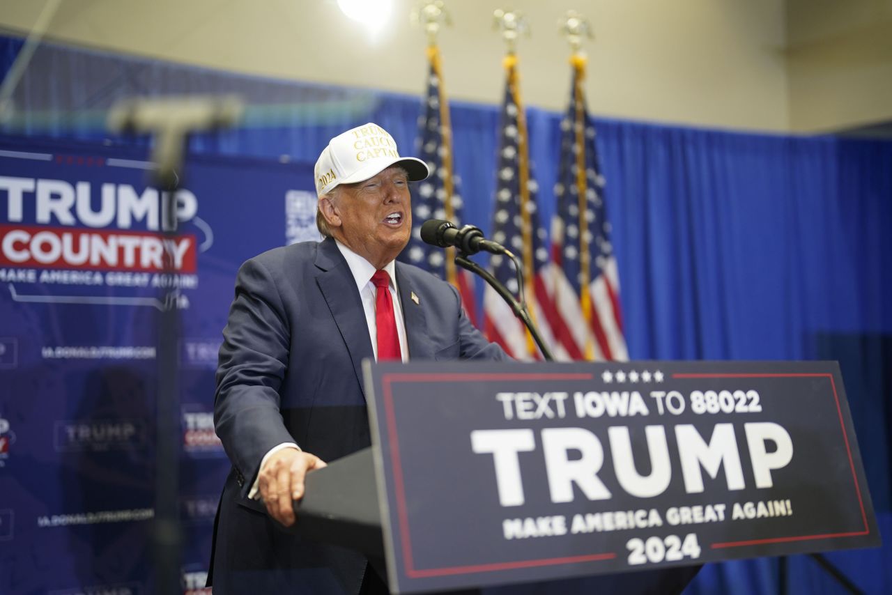 On the day before the Iowa Caucuses, Republican presidential candidate former president Donald Trump speaks at a campaign event at Simpson College in Indianola, Iowa, on January 14.