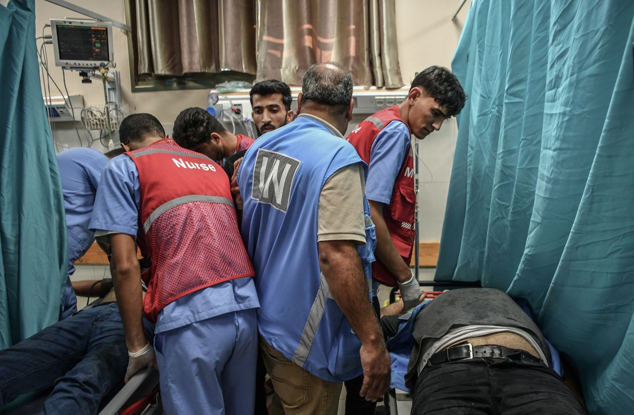 United Nations workers are brought to the Nassr Hospital after being injured in Israeli attacks in Khan Younis, Gaza on October 19.
