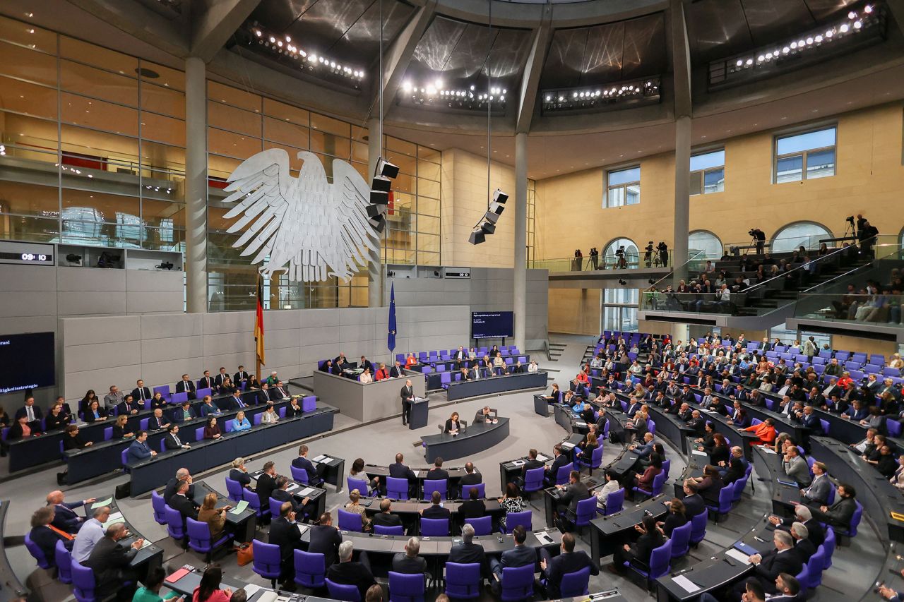 German Chancellor?Olaf?Scholz?delivers a government statement on Israel during a lower house of parliament Bundestag session in Berlin, Germany, on October 12.