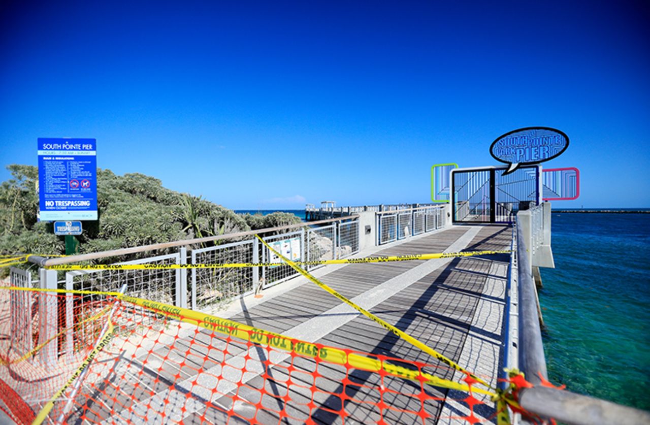 The South Pointe Pier is taped off closed on April 29, in Miami Beach, Florida. 