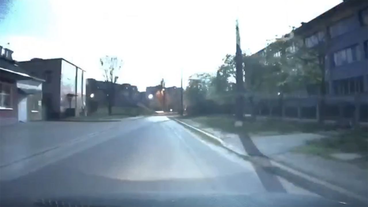 A bright flash is seen in the sky above Kyiv, Ukraine, in this still taken from a video on April 19.