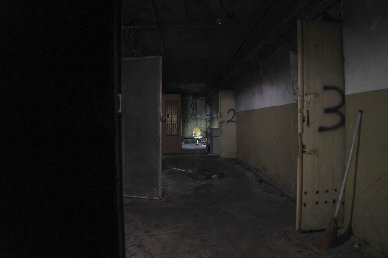 The hallway of a building alleged to have been used as a torture center by Russian forces in Kherson, Ukraine, on December 8, 2022. 