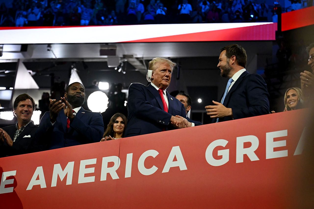 Republican presidential nominee and former US President Donald Trump with his newly announced running mate Sen. JD Vance on Monday, July 15.