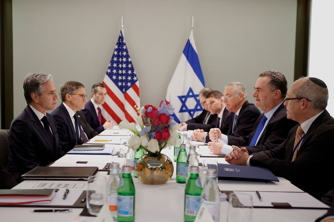 U.S. Secretary of State Antony Blinken, left, meets Israel's Foreign Minister Israel Katz, second right, at David Kempinski Hotel, in Tel Aviv, Israel, on January 9.