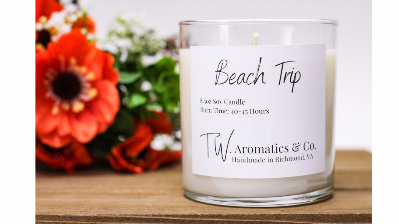 A beach scented candle from TWAromaticsandCo.