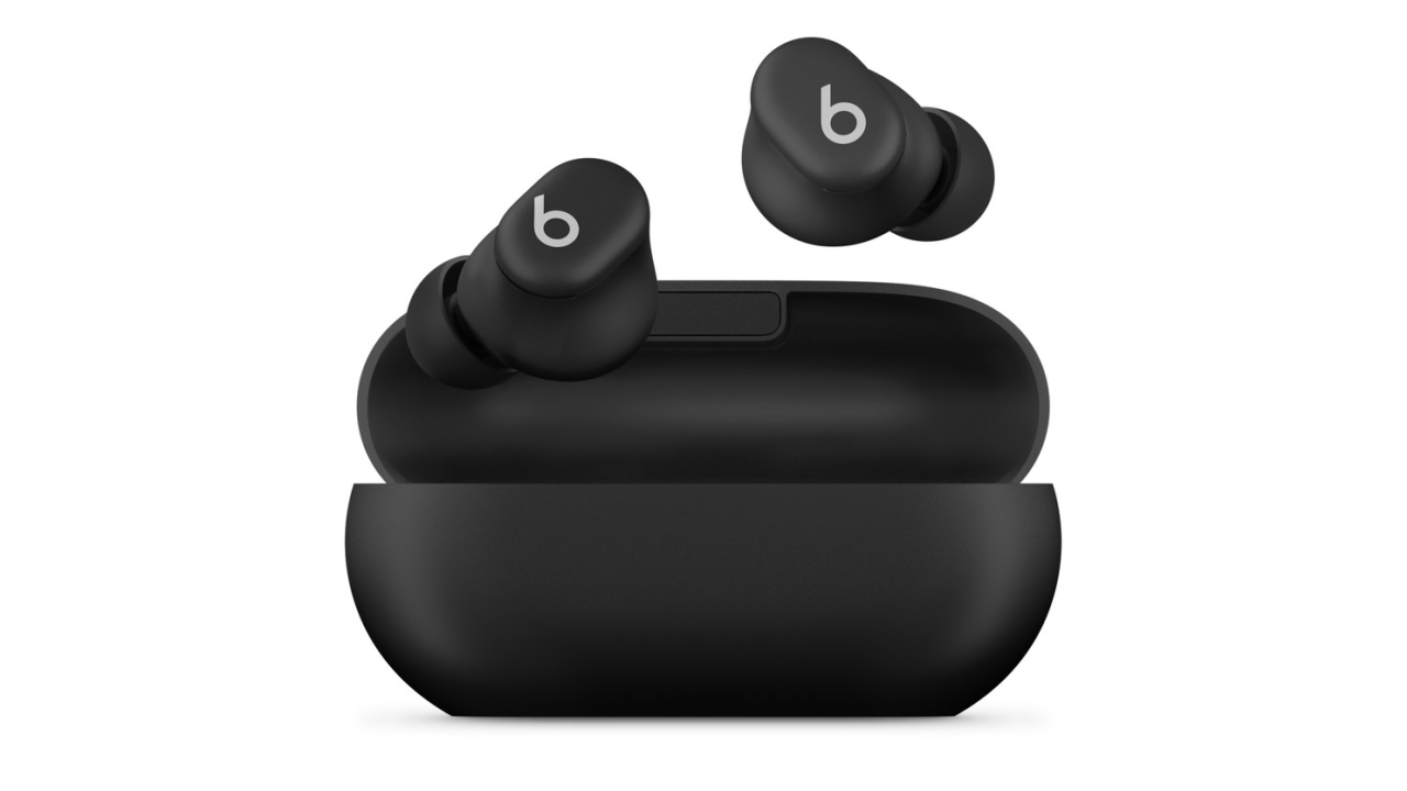 Beats Solo Buds case and earbuds floating above it